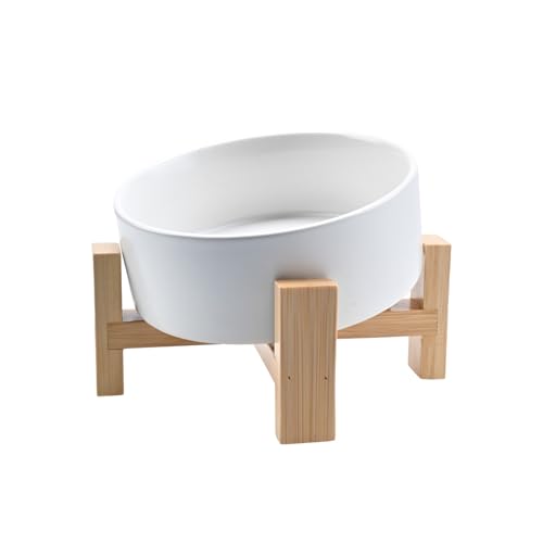 FeedFurry 15度 傾斜 犬 ボウル 斜め 陶器 猫 餌入れ ペット 水入れ 木製 ボウルスタンド付 高さ調整可能 フードボウル 食べやすい 400ml ホワイト
