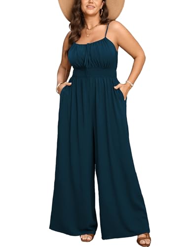 SCOMCHIC Womens Plus Size Jumpsuit Sleeveless Spaghetti Strap Womens Jumpsuits One Piece Wide Leg Summer Romper With Pockets