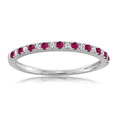 1/4 Carat Diamond, Pavé-Set 14K White Gold Round Diamond & Red Ruby Micro-Pave Bridal Wedding Band Ring (H-I, Vs2-Si1) Real Diamond Wedding Band For Women | Gift Box Included #TOP7