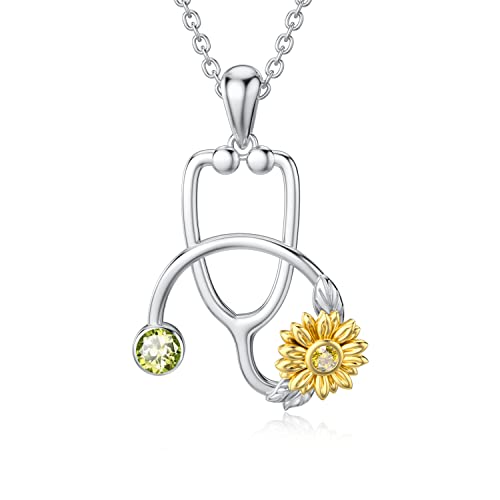 enjoylifecreative Collar de estetoscopio para mujer con girasol de plata de ley y piedra natal de plata, joya médica, regalo para enfermeras, médicos, estudiantes de medicina