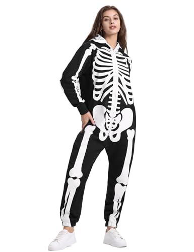 Aotiooy Halloween Skeleton Costume Skeleton Onesie Adult Skull Skin Full Body Printed Hooded Zipper Costume for Women