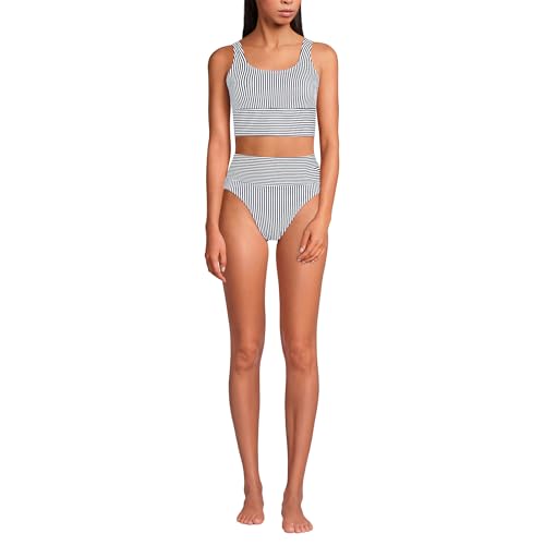 Lands' End Women's Tugless Midkini Top and High Waisted Bottom Swimsuit Set X-Large Deep Sea Navy Mini Stripe