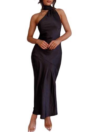 Sexy Satin, rückenfrei, Neckholder, Hochzeitsgästekleider für Damen, ärmellos, elegant, Schlitz mit Wasserfallrücken, Midi-Cocktailkleid,...