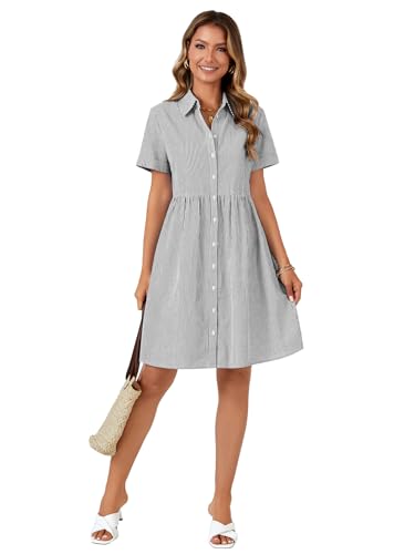 Image of Rooscier Women's Striped Shirt Dress Button Down Collared Short Sleeve Mini Dress