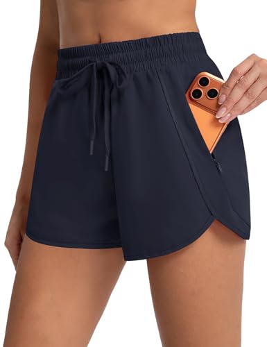 Loovoo Womens Athletic Shorts with Zipper Pockets UPF 50+ Running Lightweight Quick-Dry Shorts Summer 2026 (Navy Blue, XL)