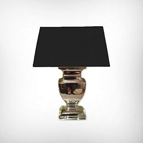 Tischlampe Tischleuchte Keramiklampe 43 cm - Fuß: Silber - Schirm: Schwarz Stoffschirm Nachttischlampe mit Kabelschalter – Platzsparende für Schlafzimmer, Wohnzimmer, Büro – Dekolampe E27 Leselampe