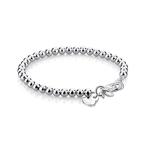 Women 925 Sterling Silver Round Bead Bracelet Minimalist 4-6MM 13-21CM Bell and Heart Pendant Prayer Beads Link Chain Bracelet Men Charm Jewelry Gift