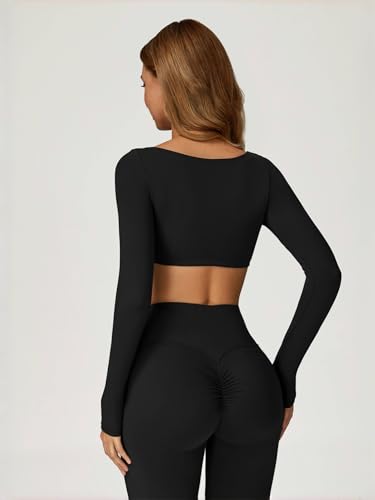 ABOCIW Women Square Neck Long Sleeve Workout Crop Top Low Medium Impact Athletic Yoga Gym Shirts with Built in Bra(ONLY TOP)2