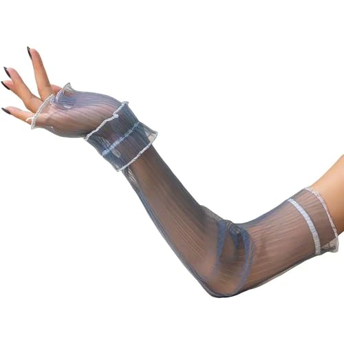 Damen Mesh Sheer Ruched Arm Ärmel Rüschen Saum Fingerlose Handschuhe Fairycore Kostüm Zubehör Tüll Spitze Ärmel, Blau, Einheitsgröße