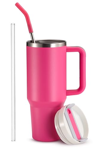 Image of KooK Stainless Steel Tumbler, with Straw and Handle, Leakproof, Vacuum Insulated Travel Coffee Mug, Reusable Double Walled Water Bottle, Keeps Hot or Cold, 40 oz, Bubblegum Pink