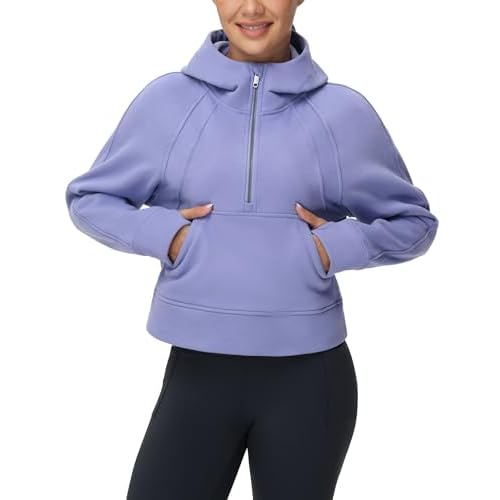 THE GYM PEOPLE Womens' Hoodies Half Zip Long Sleeve Fleece Crop Pullover Sweatshirts with Pockets Thumb Hole Lavender Purple Medium