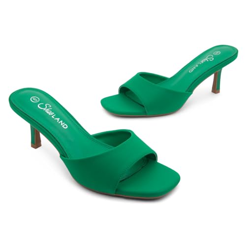 Image of Shoe Land Women's Low Heels Stiletto Heeled Slides, Open Toe One Band Slip-On Heeled Mules - Dressy Heeled Sandals for Prom, Party Wedding and Vacation