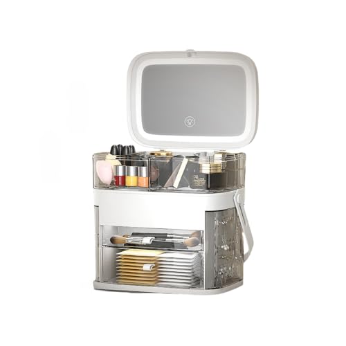 化粧品収納ボックス収納 LED メイクアップ収納ディスプレイキャビネット、大容量収納、香水ディスプレイラックボックスフルオープン蓋引き出しハンドル化粧品収納ディスプレイラック引き出し多機能 (鏡付き,ホワイト)