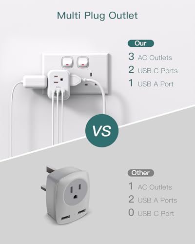 2-Pack US/CA to UK Ireland Travel Plug Adapter, Addtam Type G Power Outlet Adapter with 3 AC Outlets 3 USB(2 USB C), Travel Essentials for USA to Dubai Scotland British London Engl image 1