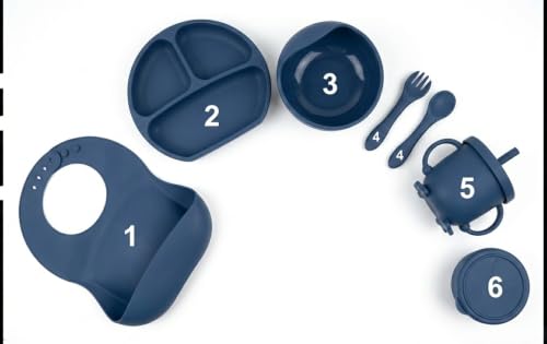 Image of SJC Global Silicone Baby Feeding Set Blue - 6 PCS Plate, Bowl, Spoon, Fork, Bib & Cup | Food‑Grade Silicone Tableware for Babies & Toddlers