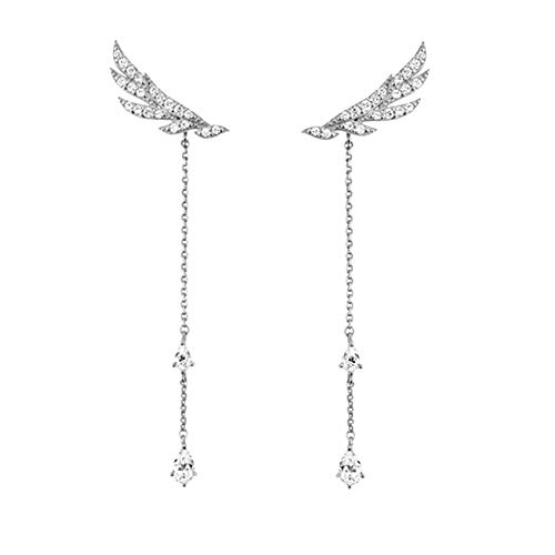 MSECVOI Women Earrings Long Angel Wing Tassels Dangle Earings 925 Sterling Silver White Teardrop Cubic Zirconia Elements Crystal can wear as Stud/Long Drop Earrings