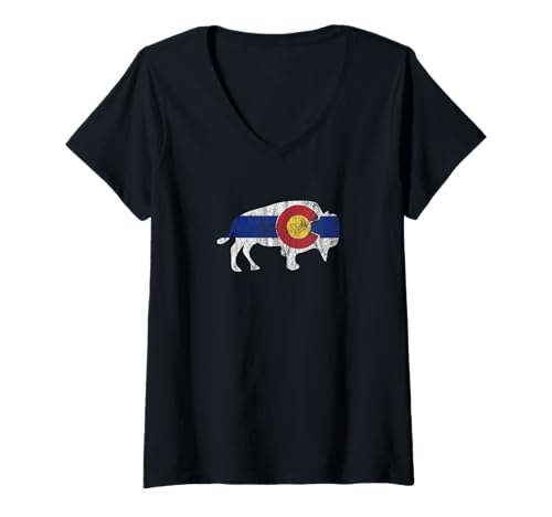 Womens Colorado Flag Buffalo T-Shirt Beautiful Native Colorado Tee V-Neck T-Shirt