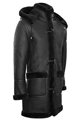 Men's Warm Winter Long Real Sheepskin Leather Ginger Brown Hooded Duffle Coat4