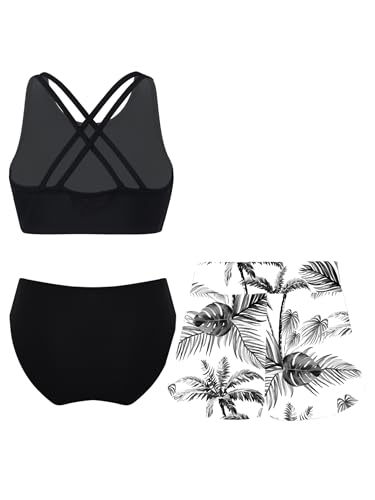 3 Pcs Floral Tankini for Kids Girls Solid Crisscross Bikini Top with Brief Swim Shorts Rashguard Sets2