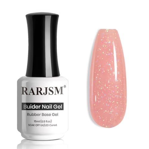 RARJSM Glitter Rubber Base Gel Nail Polish Nude Peach Pink Rubber Base Rainbow Iridescent Shimmer Brush on Quick Extend Builder Hard Gel Soak Off Curing Requires 15ml Salon Home French Manicure