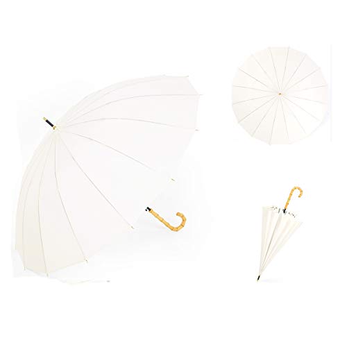 Threeh Bamboo Stick Umbrella Auto Open Solid Color Fashionable And Simple 190T 16 Ribs,Ks08 White #TOP1