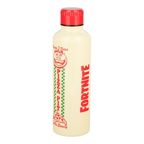Paladone Fortnite Uncle Pete's Pizza Pit Botella de agua metálica reutilizable de 500 ml con tapa de rosca, de acero inoxidable, con licencia oficial, para adolescentes, adultos, escuela o trabajo