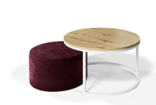 lukmebel Couchtisch CIRI 2in1 mit Polsterhocker Beistelltisch Kaffeetisch Eiche Hochglanz Marmor Modern VIELE Varianten Weiß/Gold Matt/Schwarz (Weiß/Artisan Eiche, Polsterhocker - Monolith 69)