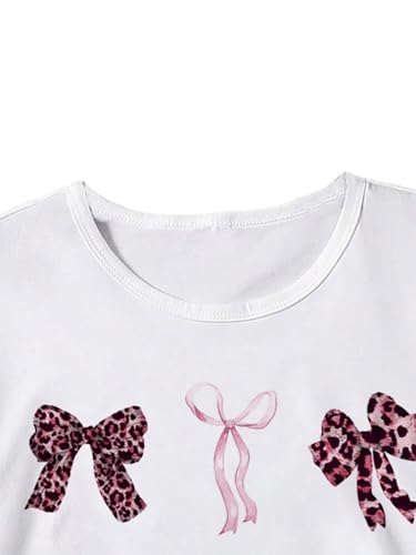 Image of RoseSeek Girl's Bow Graphic Tees Crew Neck Short Sleeve Summer T Shirts Preppy Cute Clothes for Girls