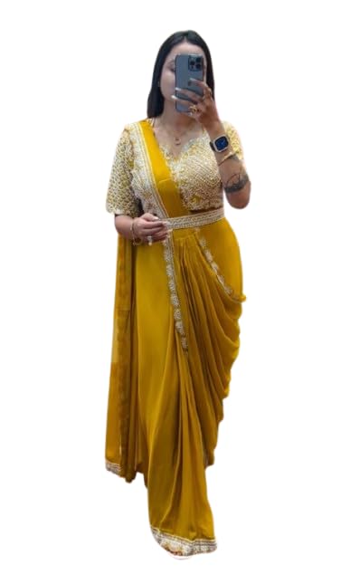 Ready To Wear Western Drape Sarees & Blouse Koti Set For Women Chinon Silk Fabric On Embrodery Sequance Work Fully Stitched-image-0