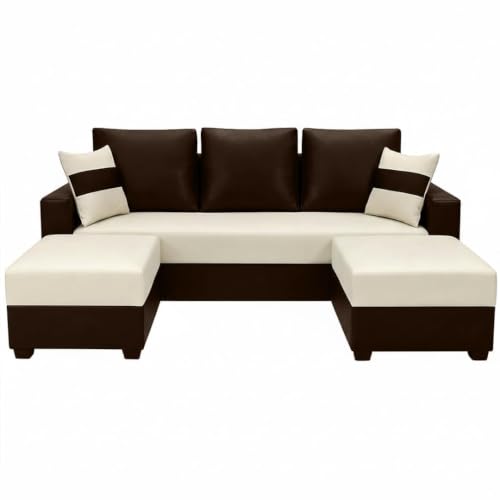 Image of STRIKON Dual Tone 5 Seater L Shape Leatherette Sofa Set with 2 Movable Ottomans | Flexible Layout | Premium Leatherette Upholstery | for Living Room & Office Space- Brown & Cream