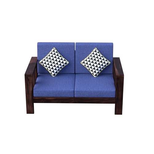 Image of Krishna Wood Decor Sheesham Wood 5 Seater Sofa Set for Living Room Home Office Solid Wood Sofa Set Furniture Wooden Five Seater Sofa Set | 3+2+1 with Coffee Table | Finish :- Walnut & Blue