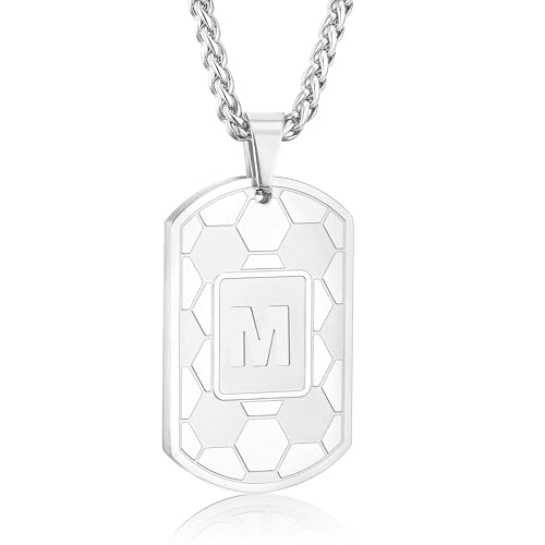 Fervia Stocking Stuffers - Collar con inicial de fútbol para hombres, niños, adolescentes, etiqueta de perro, colgante de letra, deporte, fútbol, atletas, joyería, regalos de Navidad, cumpleaños, para