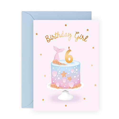 6th Birthday Card for Girls Mermaid Cake Design Cute Birthday Girl Card for Daughter Niece Granddaughter Sister Kids Children - Age 6 Six Years Old - Comes with Fun Stickers