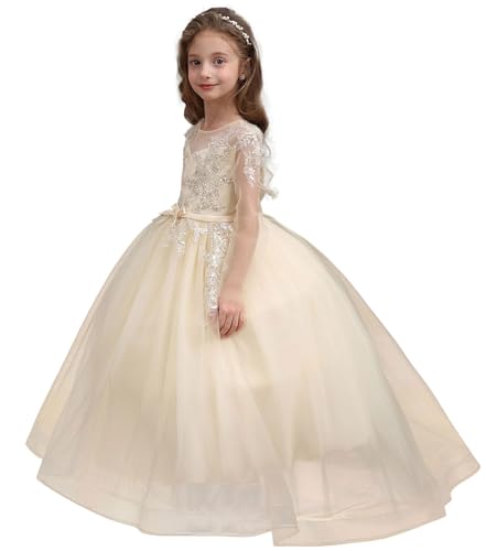 Flower Girl Dress Long Sleeves Princess Tulle Prom Pageant Ball Gown