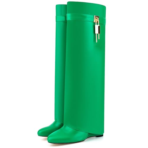 Image of Fold Over Knee High Boots for Women Pointy Pull-on Wedge Heel Knee Shark Boot With Side Zipper Covered Wedge Heel Padlock Boot