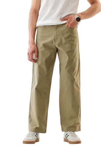 Image of SNITCH Men Casual Trousers | Relaxed Fit with Turned-Up Cuffs & Solid Pattern | Cotton Blend Fabric with Medium Stretch for Summer & Everyday Wear
