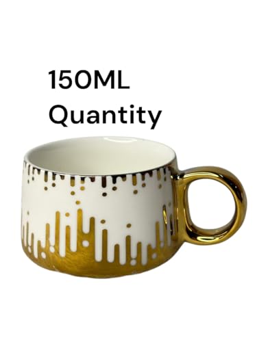 Image of DMRD Porcelain Tea Set with Kettle |Tea Cup Set 7Pc | Aesthetic and Classic Cups Set | Premium Crockery for Home & Gifting with Golden Color Geometric Pattern Design. (Golden Drop Strip)