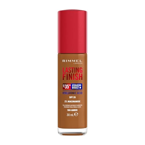 Rimmel London Lasting Finish 35H 504 Amber Foundation, langanhaltend, feuchtigkeitsspendend, vegane Formel, hohe Deckkraft, 30 ml