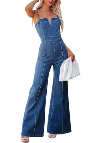 chouyatou Women's Vintage Distressed Adjustable Strap Denim Overalls Stretchy Sleeveless Jumpsuit Jeans Pants (Medium, Blue)