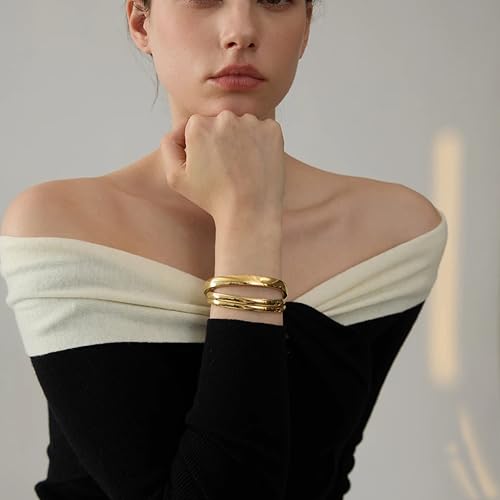 Mchic Bangle Bracelets for Women: 18K Gold/Silver Plated Stainless Steel Waterproof Bangles for Small Wrists Non Tarnish Closed Oval Cuff with Openable Gold Jewelry4