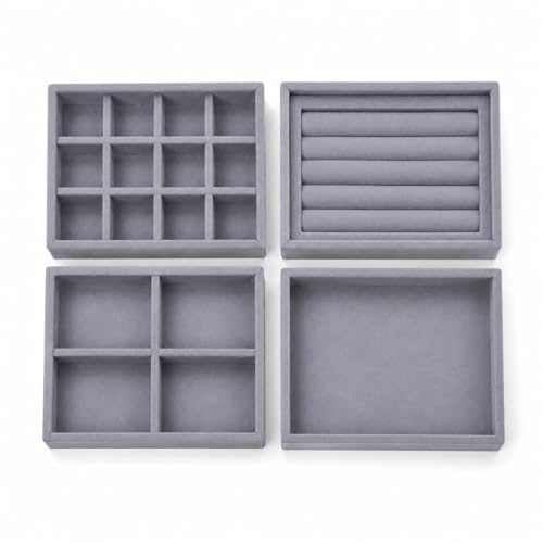 Image of La Trove Set of 4 Stackable Jewelry Organizer Trays for Drawer, Cream Grey | Stackable set of 4 velvet trays for rings, earrings, necklaces, jhumkas and bangles, ideal for drawer jewelry storage