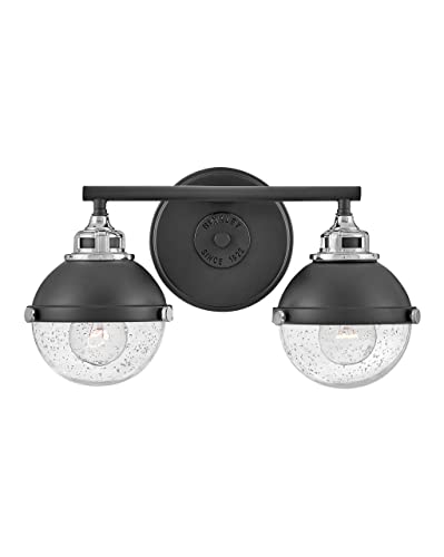 Hinkley Fletcher 5172BK-CM Two-Light Bath Vanity Fixture - Vintage Industrial Fixture, Clear Seedy Glass, Bath and Beyond - Black + Chrome