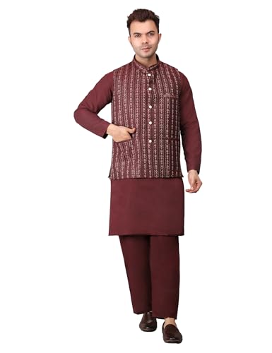 Image of Men's Cotton Silk Blend Regular Kurta Pyjama, Embroidered Nehru Jacket /Waistcoat Set