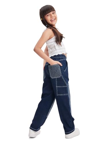 Image of olele Girls Super Jeans Collection for 4-14 Yrs | Stretchable Cotton Denim Trousers | Blue Jeans for Kids | Baggy Denim Pants | Cargo Pants for Girls
