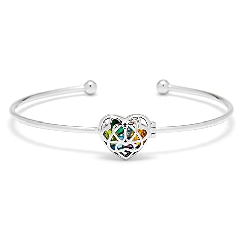 EVE'S ADDICTION Women's Sterling Silver Heart Shaped Birthstone Cuff Bracelet - Personalized Locket Jewelry - Bracelet for Mom - Family Bracelet - Gift for Her - Gifts for Mom Cover