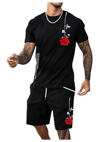 Floerns Men's Graphic Print T Shirt Drawstring Waist Shorts Set 2 Piece Outfit