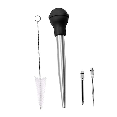 PHENOFICE Inyector De Barbacoa para Pavo y Carne Acero Inoxidable y Silicona Grado Alimenticio Aguja Afilada para Salsa De Carne De Cerdo y Pescado Cepillo De Limpieza Utensilio De Cocina 4 Piezas