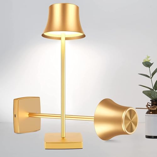 LED Desk Lamp Cordless Table Light, Rechargeable Battery Powered 3 Levels Brightness Dimmable for Outdoor Modern Restaurant Dining Bedroom Study Portable Lights Set of 2 Pack Gold
