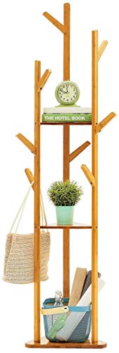 Image of LEOPAX Bamboo Freestanding Coat Rack With 3 Shelves And 7 Hooks, Coat Tree For Bedroom, Entryway, Livingroom, Coat Hanger Stand For Coats, Scarves, Handbags - Natural Color, 22.9 x 172.7 x 22.9 Cm