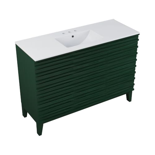 Image of Swiss Madison Cascade 48 inch Freestanding Bathroom Vanity in Green Oak with 3-Hole Widespread Sink Top